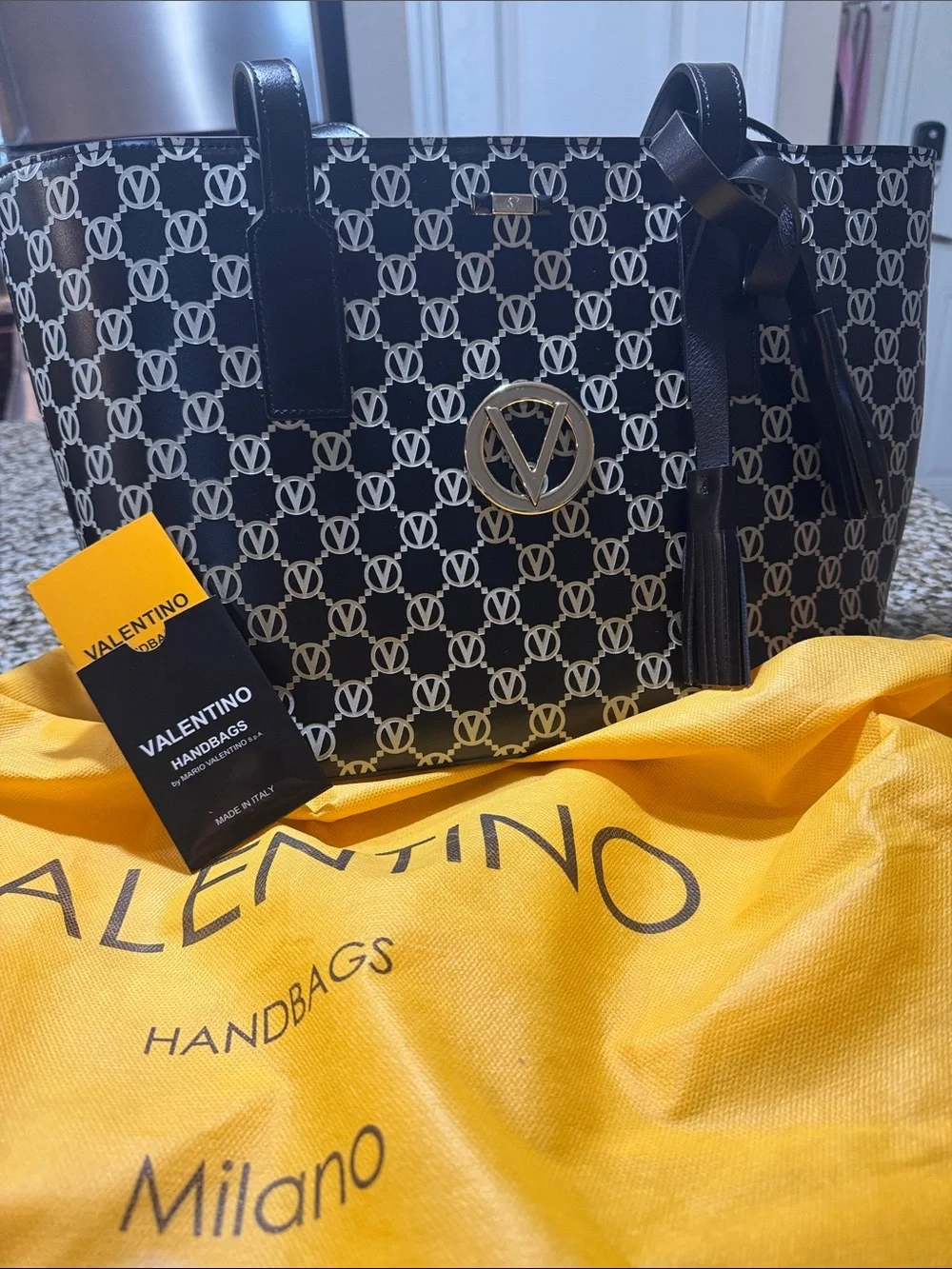 Valentino Black & White Logo Tote with Gold Hardware - Picture 1 of 3